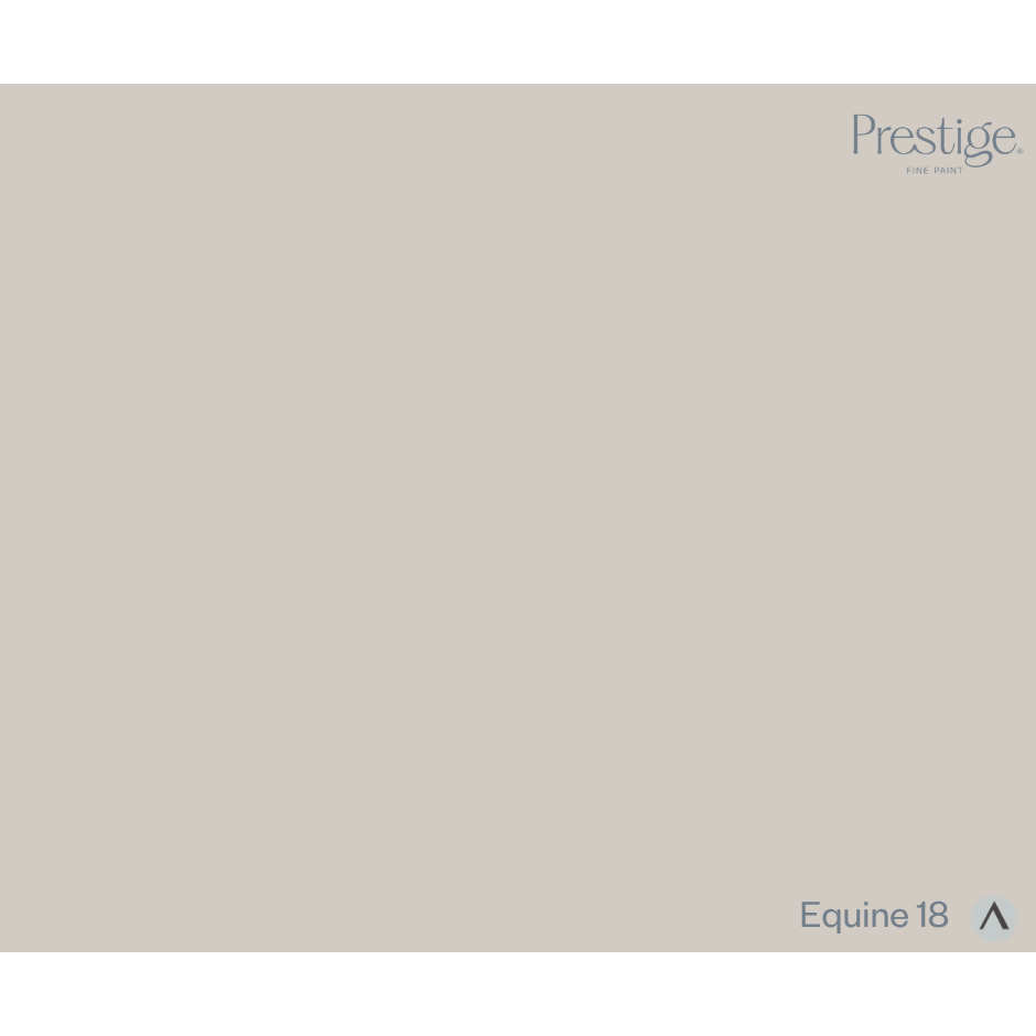 A solid color swatch card for Prestige Fine Furnishings, showing the color 'Equine 18' in a warm taupe-beige tone. The brand name 'Prestige' is visible in the top right corner, and the color name 'Equine 18' is in the bottom right corner.