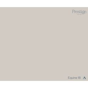 A solid color swatch card for Prestige Fine Furnishings, showing the color 'Equine 18' in a warm taupe-beige tone. The brand name 'Prestige' is visible in the top right corner, and the color name 'Equine 18' is in the bottom right corner.