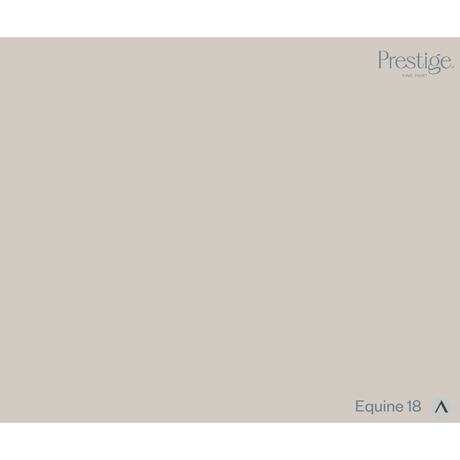 A solid color swatch card for Prestige Fine Furnishings, showing the color 'Equine 18' in a warm taupe-beige tone. The brand name 'Prestige' is visible in the top right corner, and the color name 'Equine 18' is in the bottom right corner.