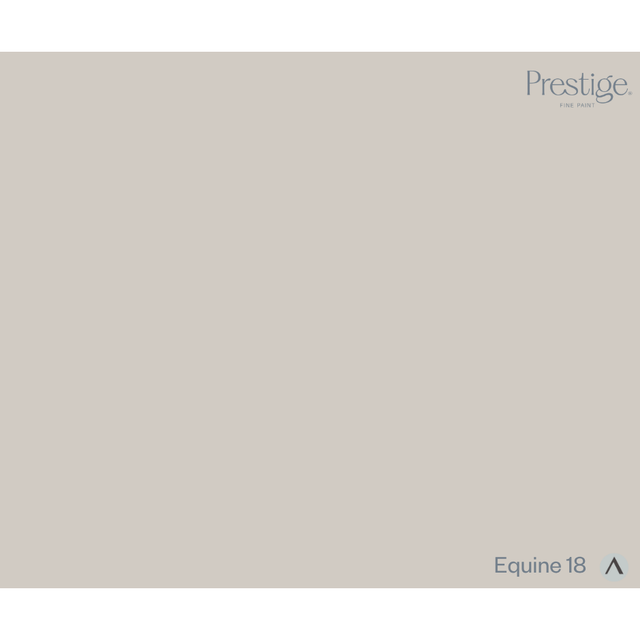 A solid color swatch card for Prestige Fine Furnishings, showing the color 'Equine 18' in a warm taupe-beige tone. The brand name 'Prestige' is visible in the top right corner, and the color name 'Equine 18' is in the bottom right corner.