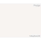 A minimalist color swatch card for Prestige Fine Paints, showing a solid warm off-white color labeled 'Falling Slowly 09' in the bottom right corner, with the Prestige brand logo in the top right.