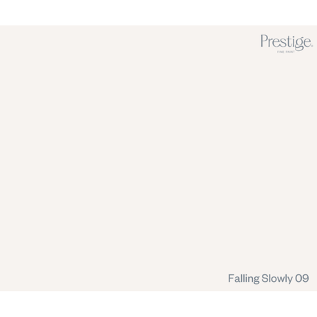 A minimalist color swatch card for Prestige Fine Paints, showing a solid warm off-white color labeled 'Falling Slowly 09' in the bottom right corner, with the Prestige brand logo in the top right.