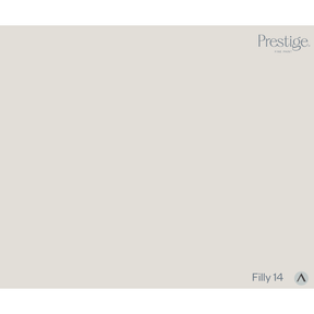 A flat, solid warm light beige color tile with the Prestige Fine Paint logo in the top right corner and the shade name 'Filly 14' with an upward arrow in the bottom right corner.
