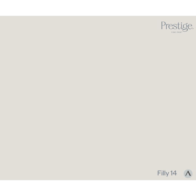 A flat, solid warm light beige color tile with the Prestige Fine Paint logo in the top right corner and the shade name 'Filly 14' with an upward arrow in the bottom right corner.