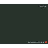 A dark green colour swatch card labeled 'Prestige' in the top right and 'Fitzwilliam Square 54' with a red 'R' in the bottom right. Prestige Fitzwilliam Square Paint