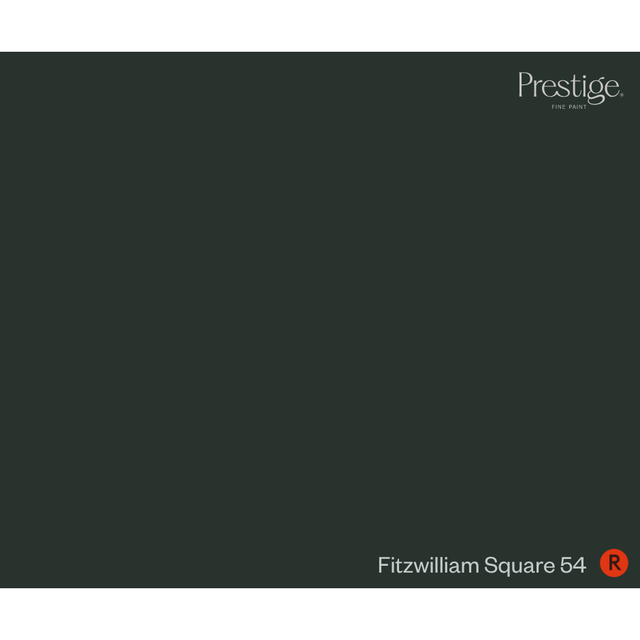 A dark green colour swatch card labeled 'Prestige' in the top right and 'Fitzwilliam Square 54' with a red 'R' in the bottom right. Prestige Fitzwilliam Square Paint
