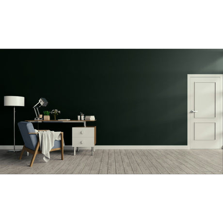 A modern interior room with a dark green wall, light wood floor, a white door on the right, and a home office setup on the left featuring a desk, lamp, chair, and throw blanket.