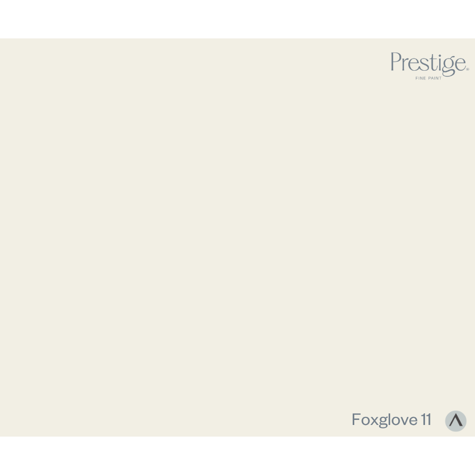 A flat, solid colour swatch card for Prestige. Foxglove 11 paint colour, showing a very light warm off-white/cream tone with the brand and product name text in the top-right and bottom-right corners. Prestige Foxglove Paint