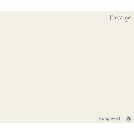 A flat, solid colour swatch card for Prestige. Foxglove 11 paint colour, showing a very light warm off-white/cream tone with the brand and product name text in the top-right and bottom-right corners. Prestige Foxglove Paint