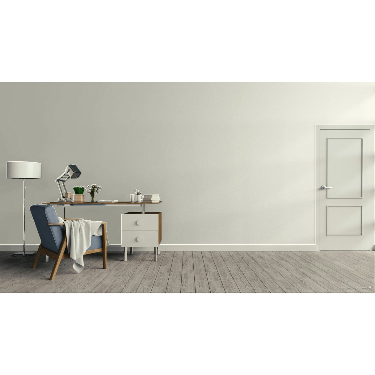 A minimalist interior room with a light beige wall, gray wood floor, a white door on the right, and a home office setup on the left featuring a desk, lamp, chair, and small cabinet. Prestige Foxglove Paint