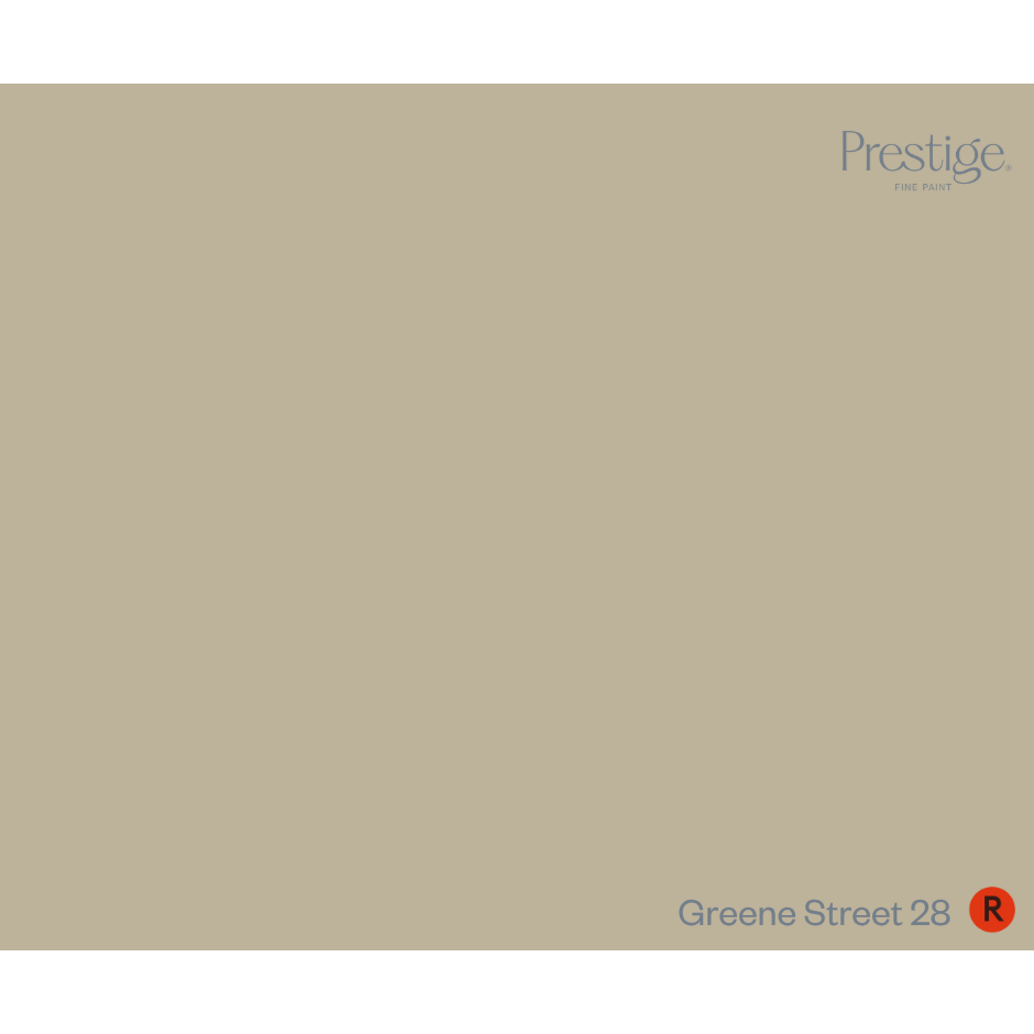 A solid color swatch card for Prestige Paints, showing the color name 'Greene Street 28' and a red 'R' logo in the bottom right corner, with the Prestige brand logo in the top right.