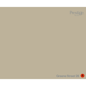 A solid color swatch card for Prestige Paints, showing the color name 'Greene Street 28' and a red 'R' logo in the bottom right corner, with the Prestige brand logo in the top right.
