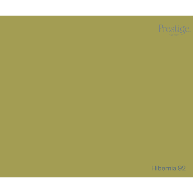 A solid olive green color swatch with the Prestige Seed Pages logo in the top right and the text 'Hibernia 92' in the bottom right corner.