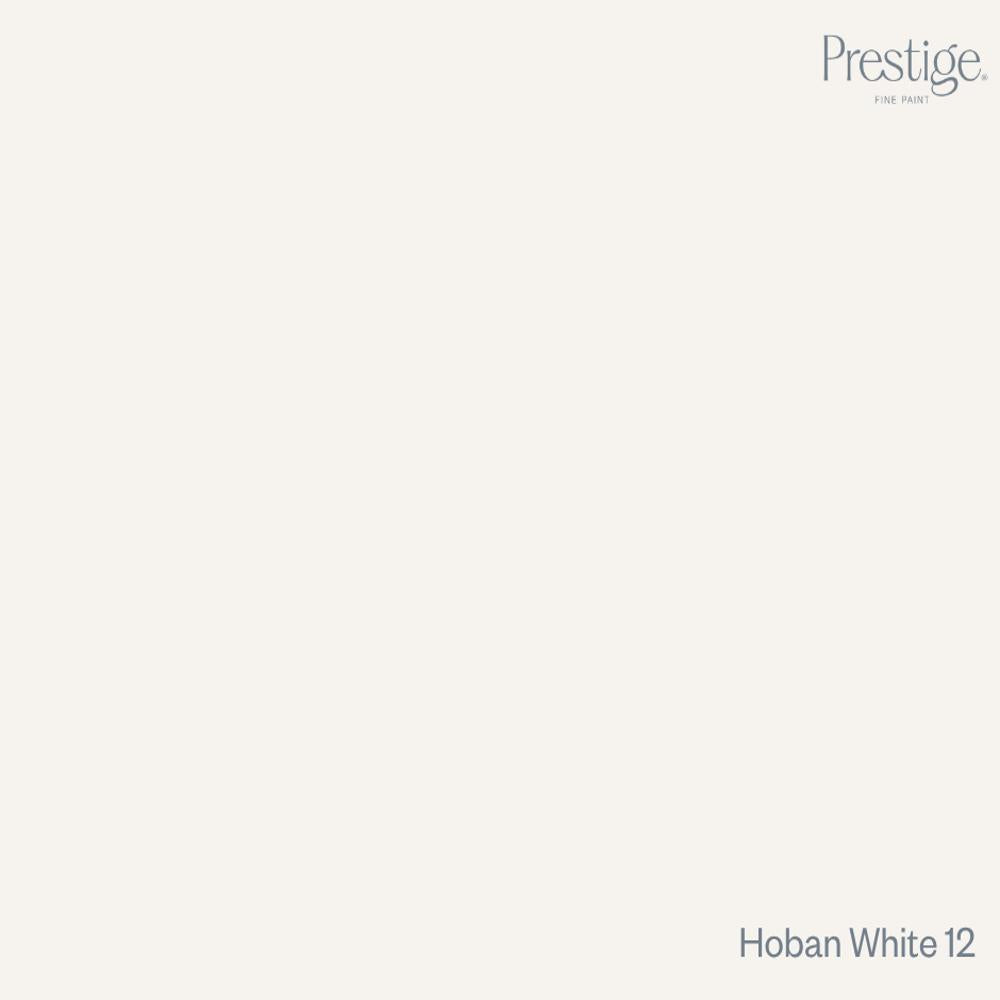 Prestige Hoban White
A flat, solid warm off-white color tile with the Prestige. logo in the top right corner and the text 'Hoban White 12' in the bottom right corner.