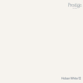 Prestige Hoban White
A flat, solid warm off-white color tile with the Prestige. logo in the top right corner and the text 'Hoban White 12' in the bottom right corner.