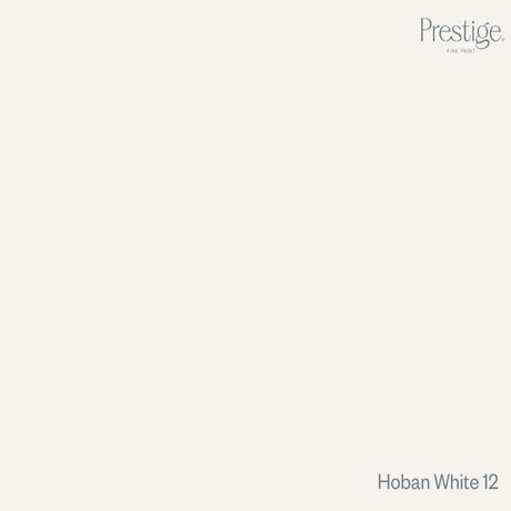 Prestige Hoban White
A flat, solid warm off-white color tile with the Prestige. logo in the top right corner and the text 'Hoban White 12' in the bottom right corner.