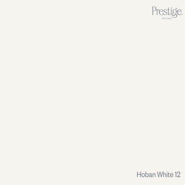 Prestige Hoban White
A flat, solid warm off-white color tile with the Prestige. logo in the top right corner and the text 'Hoban White 12' in the bottom right corner.