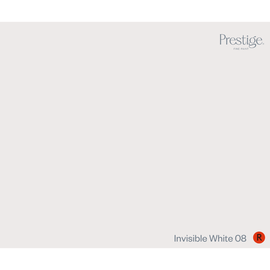 Prestige Invisible White
A minimalist color swatch card for Prestige Fine Furnishings, showing a solid light warm gray/off-white background with the text 'Invisible White 08' in the bottom right corner and the Prestige logo in the top right.