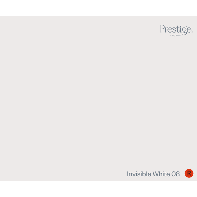 Prestige Invisible White
A minimalist color swatch card for Prestige Fine Furnishings, showing a solid light warm gray/off-white background with the text 'Invisible White 08' in the bottom right corner and the Prestige logo in the top right.