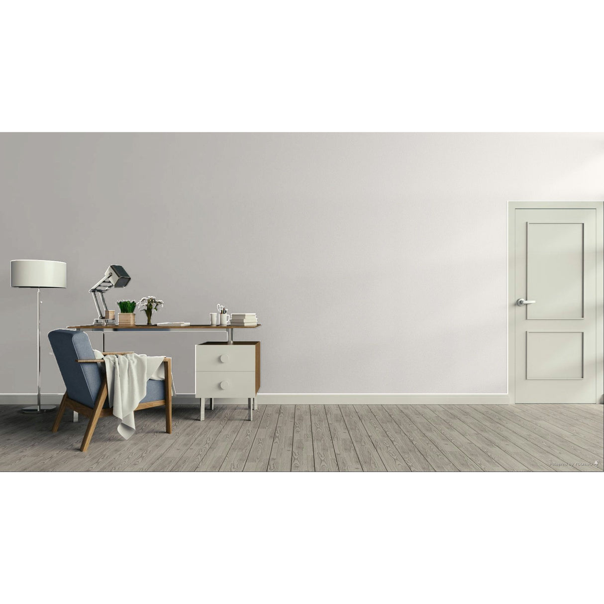 Prestige Invisible White
A modern interior room scene with a large warm brown wall, light wood floor, white door on the right, and a furnished home office area on the left featuring a desk, lamp, chair, and small cabinet.