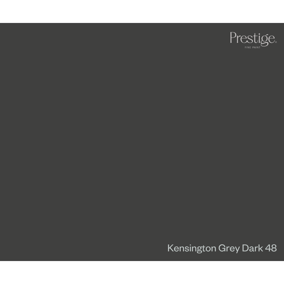 A dark charcoal gray color swatch card from Prestige Fine Art, labeled 'Kensington Grey Dark 48' in the bottom right corner.