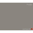 A solid taupe-gray color swatch card from Prestige, labeled 'Lady Harper 40' with a red 'R' circle marker in the bottom right corner.
