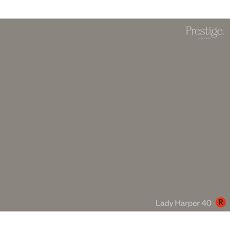 A solid taupe-gray color swatch card from Prestige, labeled 'Lady Harper 40' with a red 'R' circle marker in the bottom right corner.