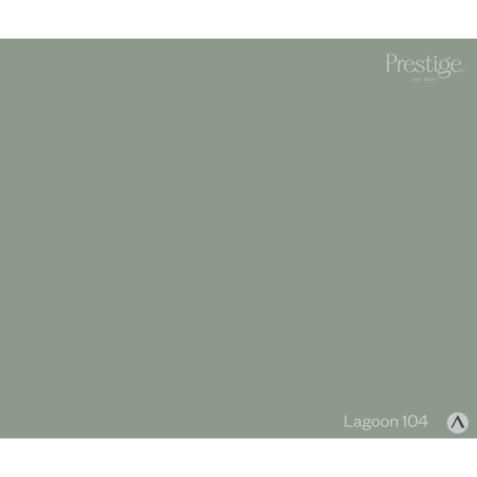 A solid sage green colour swatch labeled 'Prestige Lagoon 104' in the bottom right corner. Prestige Lagoon Paint
