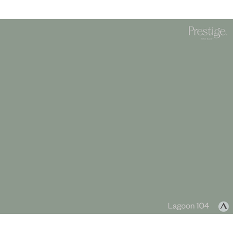A solid sage green colour swatch labeled 'Prestige Lagoon 104' in the bottom right corner. Prestige Lagoon Paint