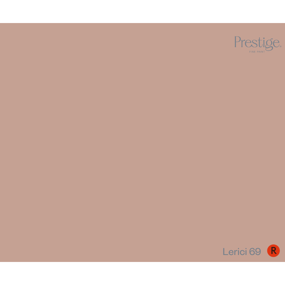 A solid color swatch card for Prestige. Lacerio 69, featuring a warm dusty rose or terracotta color with the Prestige logo in the top right and the color name 'Lacerio 69' with a red 'R' icon in the bottom right.