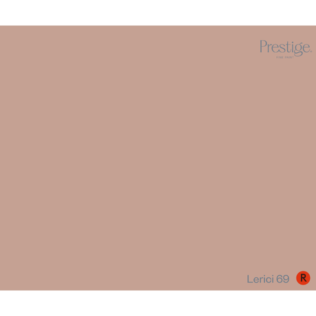 A solid color swatch card for Prestige. Lacerio 69, featuring a warm dusty rose or terracotta color with the Prestige logo in the top right and the color name 'Lacerio 69' with a red 'R' icon in the bottom right.