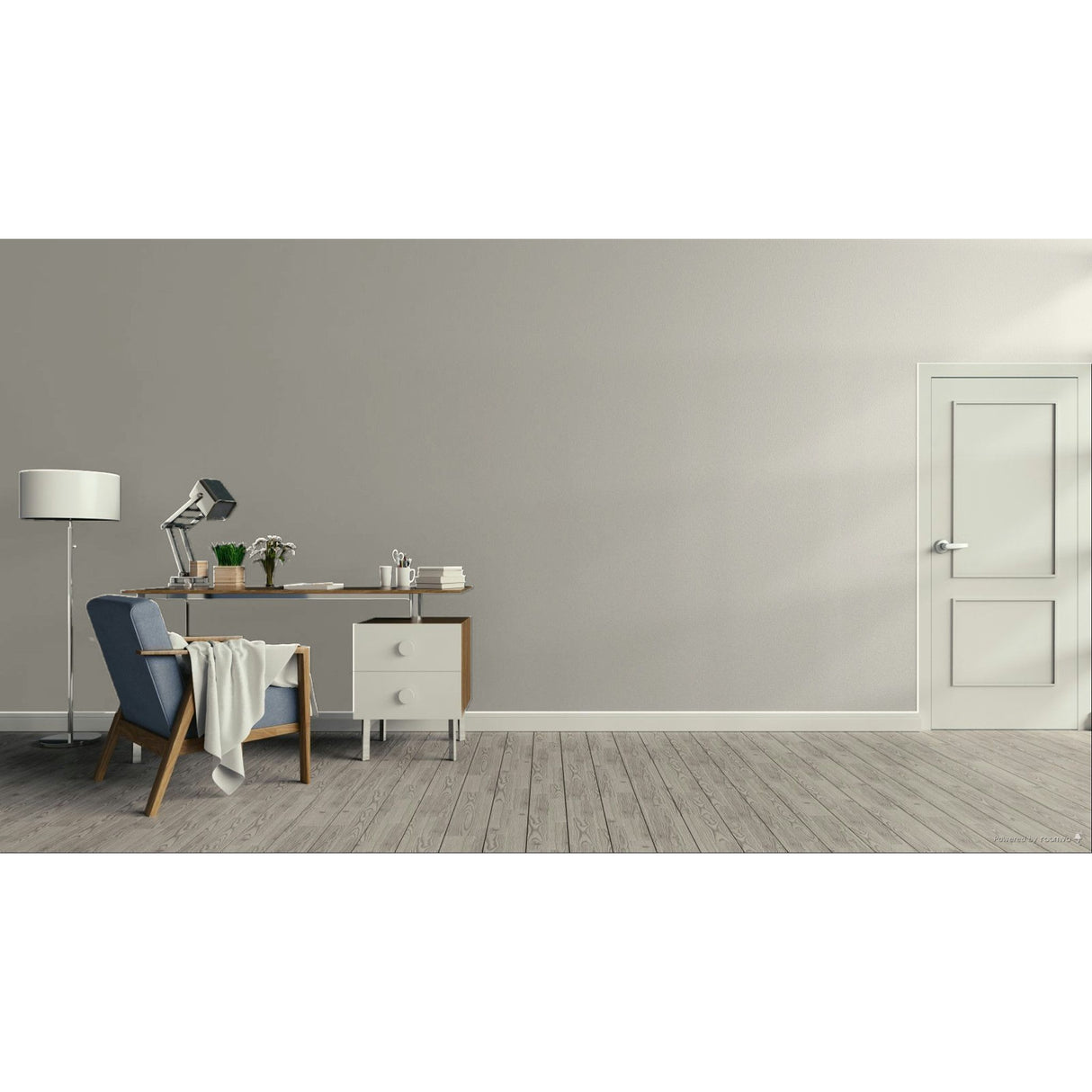 A minimalist room scene with a gray wall, light wood floor, a blue upholstered armchair with a draped throw, a wooden desk with a lamp and small accessories, a white floor lamp, and a white door on the right.
Prestige Letterpress Paint