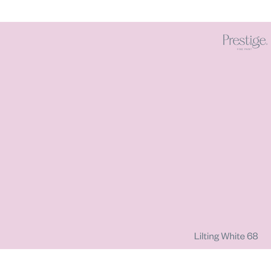 A solid light pink color swatch with the Prestige logo in the top right corner and the text 'Lilting White 68' in the bottom right corner.
Prestige Lilting White Paint