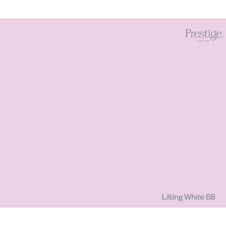 A solid light pink color swatch with the Prestige logo in the top right corner and the text 'Lilting White 68' in the bottom right corner.
Prestige Lilting White Paint