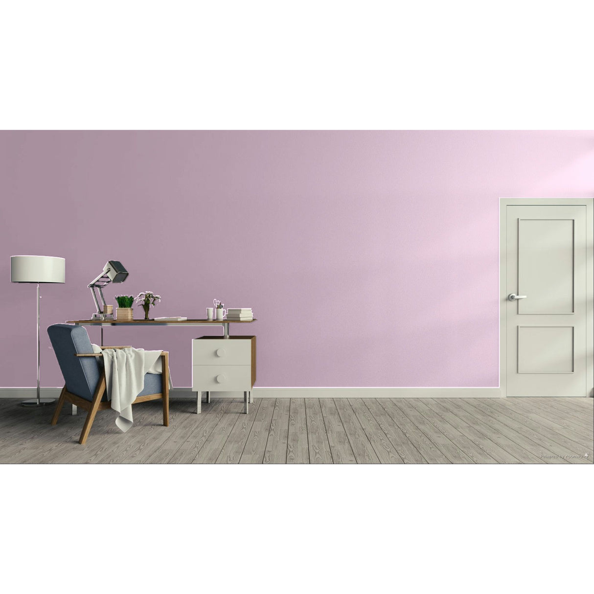 A minimalist room scene with a lavender-pink wall, light wood floor, a white door on the right, and a home office setup on the left featuring a desk, lamp, chair, and small cabinet. Prestige Lilting White Paint
