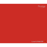 A solid red color swatch card with the Prestige brand logo in the top right corner and the text 'Lover's Walk 59' with a small orange 'R' in the bottom right corner.