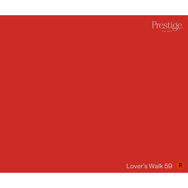 A solid red color swatch card with the Prestige brand logo in the top right corner and the text 'Lover's Walk 59' with a small orange 'R' in the bottom right corner.