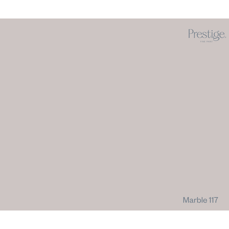 A solid color swatch tile in a light warm gray-beige shade, labeled 'Marble 117' in the bottom right corner with the Prestige logo in the top right.