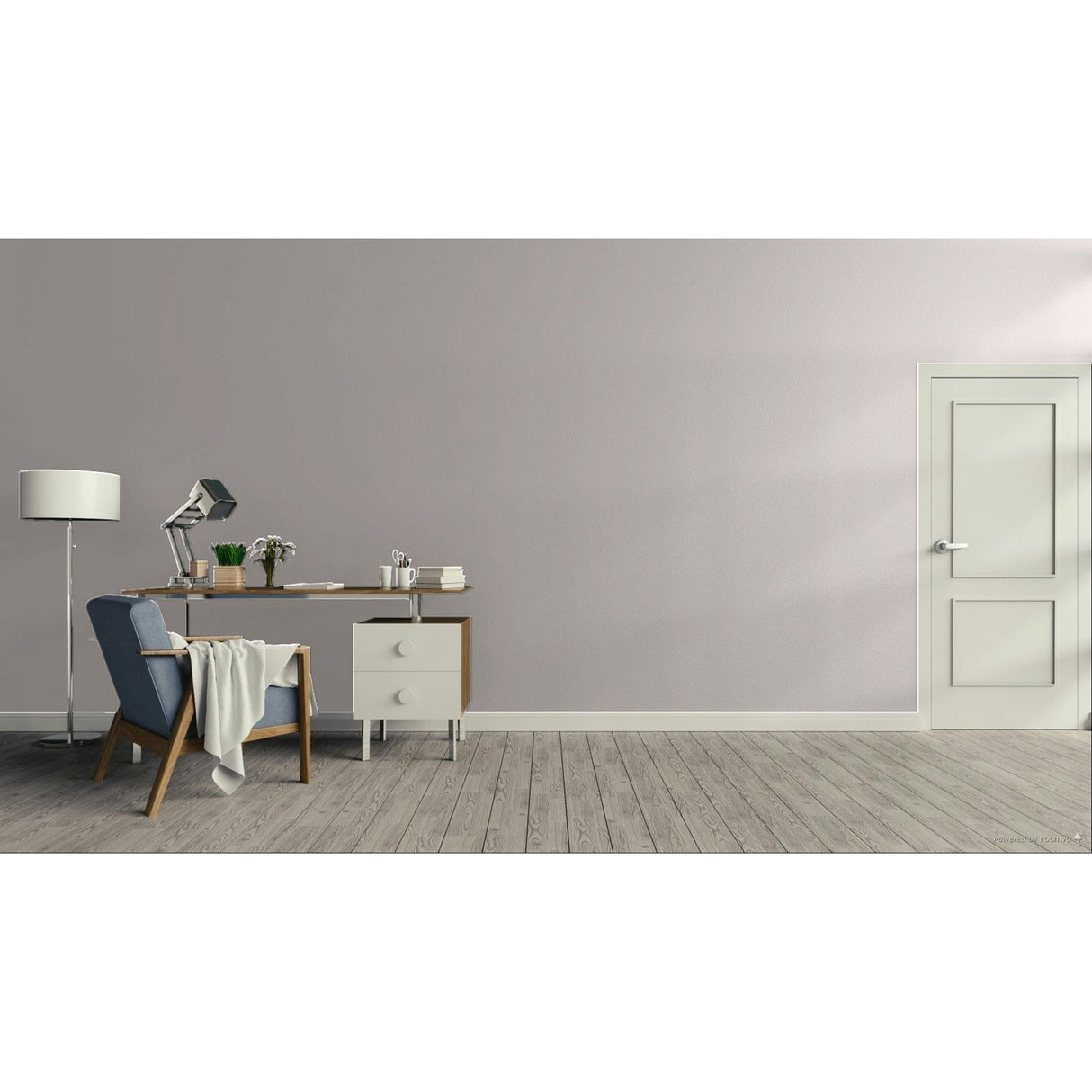 A minimalist room scene with a light gray wall, gray wood floor, a white door on the right, and a home office setup on the left featuring a desk, lamp, chair, and small cabinet.