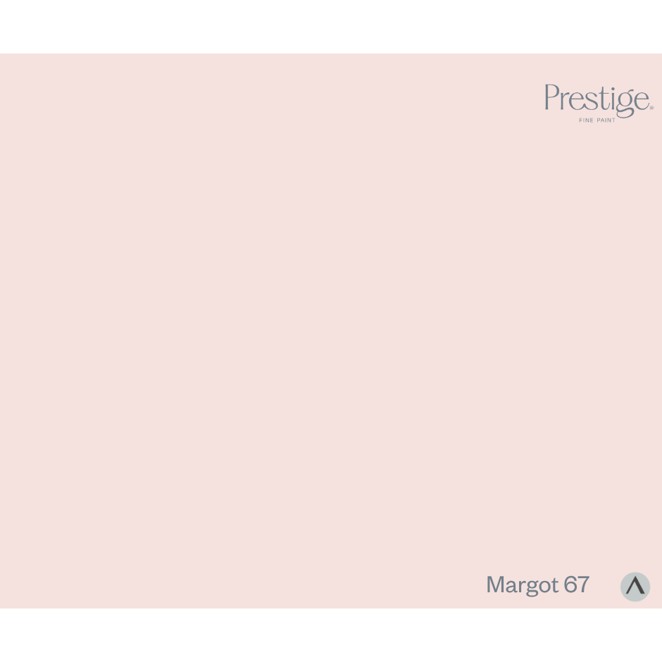A solid pale blush pink color swatch with the Prestige brand logo in the top right corner and the text 'Margot 67' with a small circular arrow icon in the bottom right corner. Prestige Margot Paint