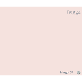 A solid pale blush pink color swatch with the Prestige brand logo in the top right corner and the text 'Margot 67' with a small circular arrow icon in the bottom right corner. Prestige Margot Paint