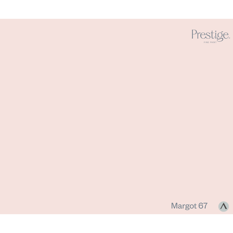 A solid pale blush pink color swatch with the Prestige brand logo in the top right corner and the text 'Margot 67' with a small circular arrow icon in the bottom right corner. Prestige Margot Paint