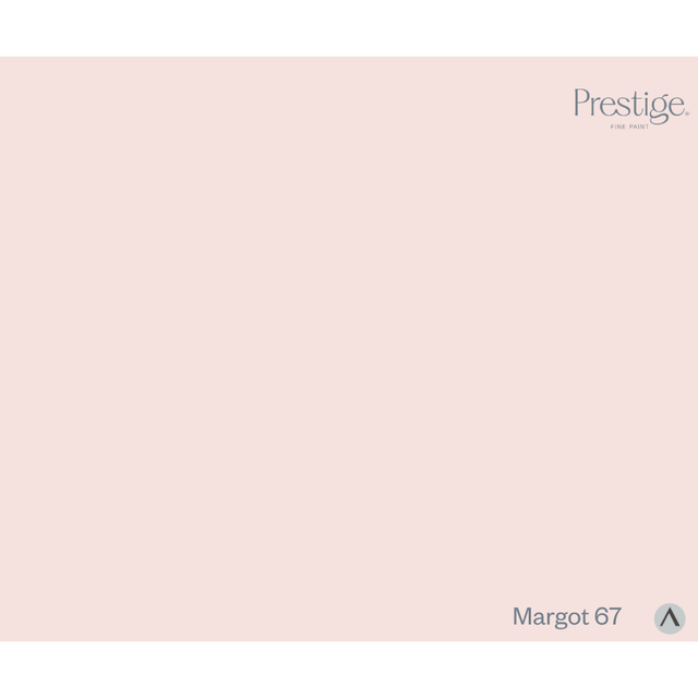 A solid pale blush pink color swatch with the Prestige brand logo in the top right corner and the text 'Margot 67' with a small circular arrow icon in the bottom right corner. Prestige Margot Paint