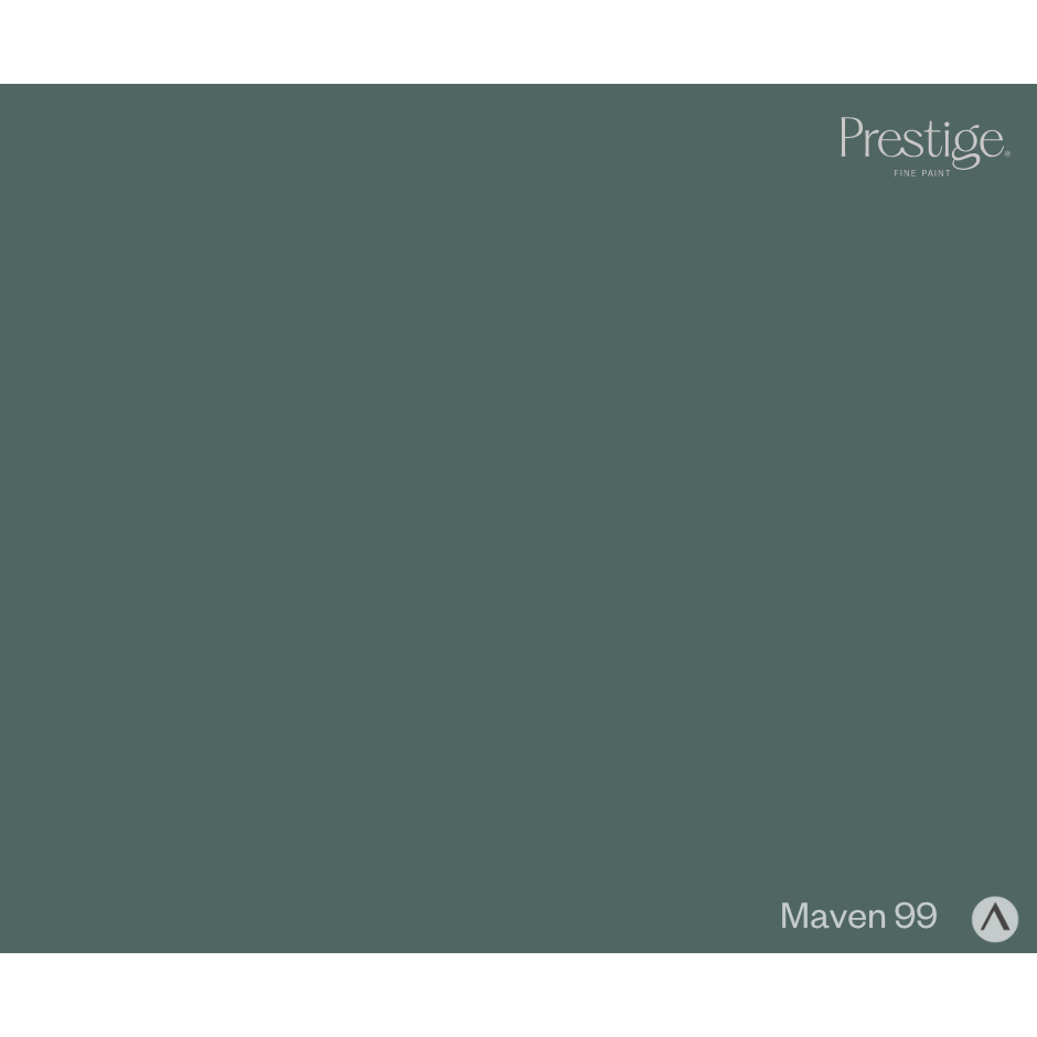 A solid dark slate gray color swatch labeled 'Maven 99' with the Prestige Fine Paint logo in the top right corner.