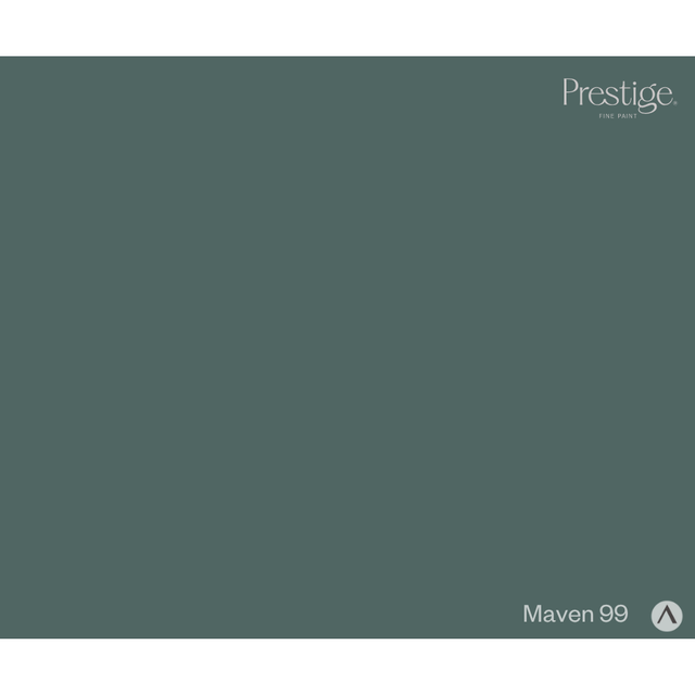A solid dark slate gray color swatch labeled 'Maven 99' with the Prestige Fine Paint logo in the top right corner.
