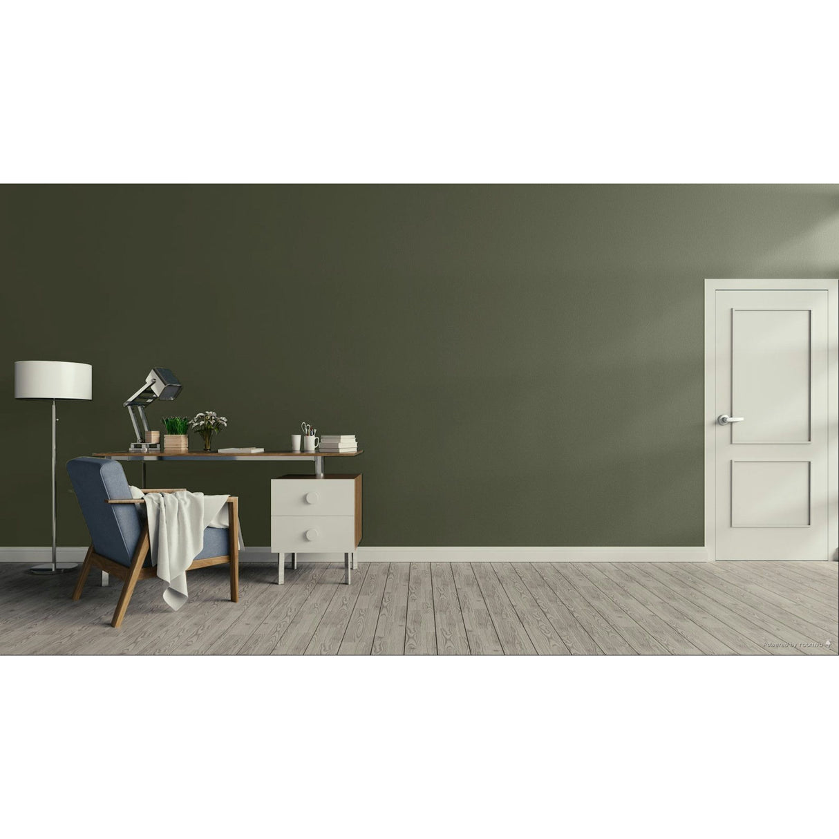 A modern room scene with a dark olive green wall, light wood floor, a white door on the right, and a home office setup on the left featuring a desk, lamp, chair, and small cabinet.
Prestige Monet Dark