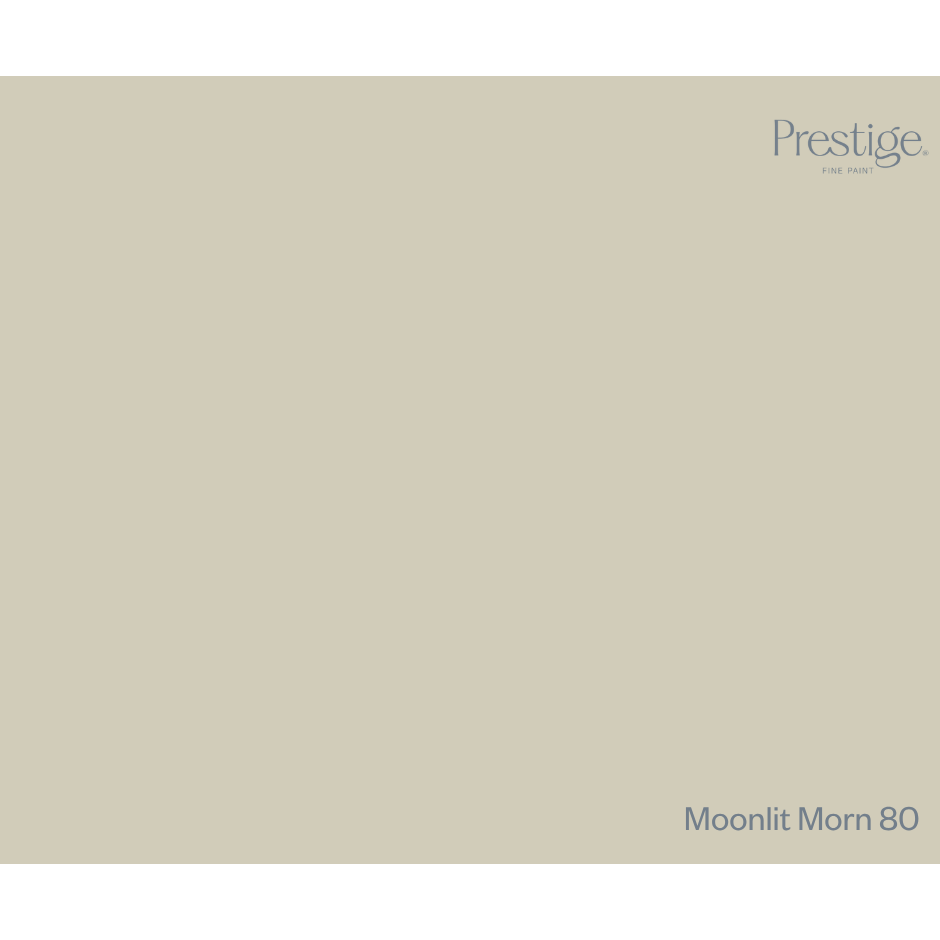 A flat warm light beige color field with the Prestige logo in the top right and the text 'Moonlit Morn 80' in the bottom right.