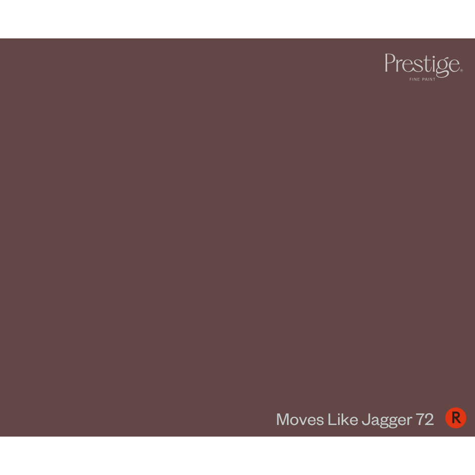 A solid color swatch card for Prestige Fine Paint in the shade 'Moves Like Jagger 72', showing a deep muted plum-brown color with the brand logo in the top right and the shade name in the bottom right.