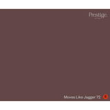 A solid color swatch card for Prestige Fine Paint in the shade 'Moves Like Jagger 72', showing a deep muted plum-brown color with the brand logo in the top right and the shade name in the bottom right.