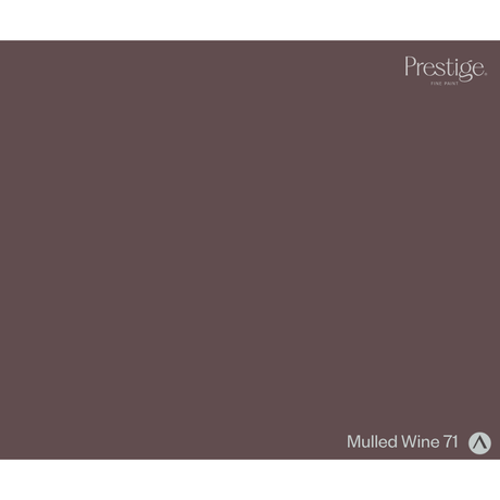 A solid color swatch card for Prestige Fine Paint in the shade 'Mulled Wine 71', showing a deep muted wine-brown color with the brand logo in the top right and the shade name in the bottom right.